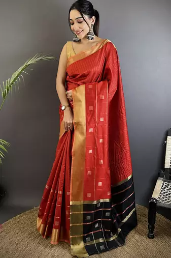 red soft cotton silk blend bhagalpuri stripes zari weaving saree