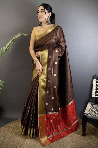 chocolate brown soft cotton silk blend bhagalpuri stripes zari weaving saree
