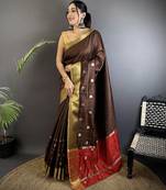 chocolate brown soft cotton silk blend bhagalpuri stripes zari weaving saree