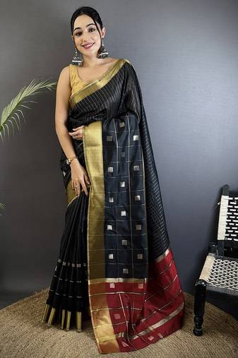 black soft cotton silk blend bhagalpuri stripes zari weaving saree