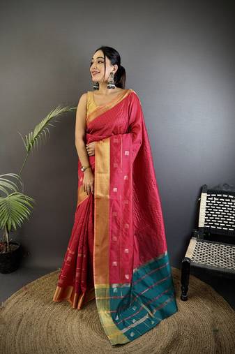 hot pink soft cotton silk blend bhagalpuri stripes zari weaving saree