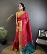 hot pink soft cotton silk blend bhagalpuri stripes zari weaving saree