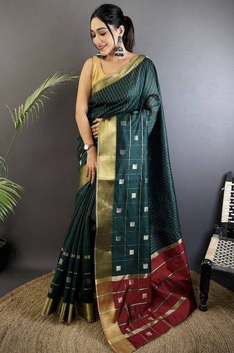 teal soft cotton silk blend bhagalpuri stripes zari weaving saree