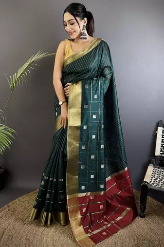 teal soft cotton silk blend bhagalpuri stripes zari weaving saree