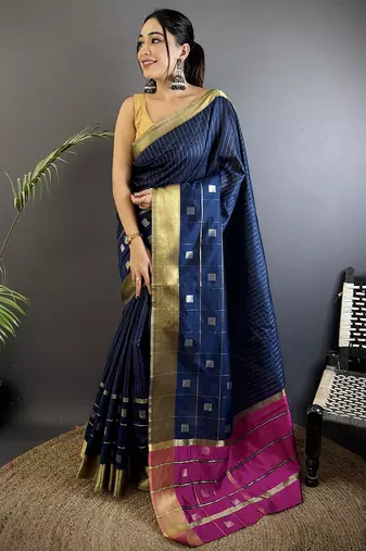 navy blue soft cotton silk blend bhagalpuri stripes zari weaving saree