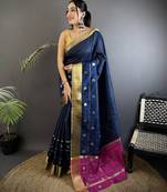 navy blue soft cotton silk blend bhagalpuri stripes zari weaving saree