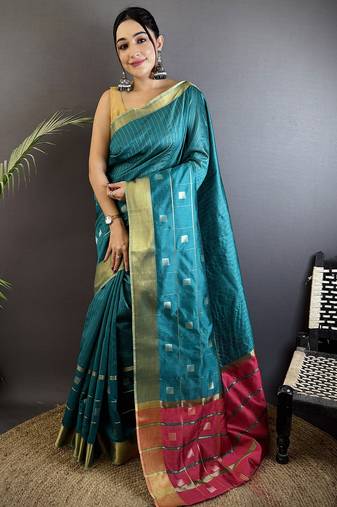 sea green soft cotton silk blend bhagalpuri stripes zari weaving saree