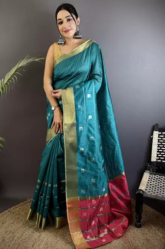 sea green soft cotton silk blend bhagalpuri stripes zari weaving saree