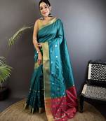 sea green soft cotton silk blend bhagalpuri stripes zari weaving saree