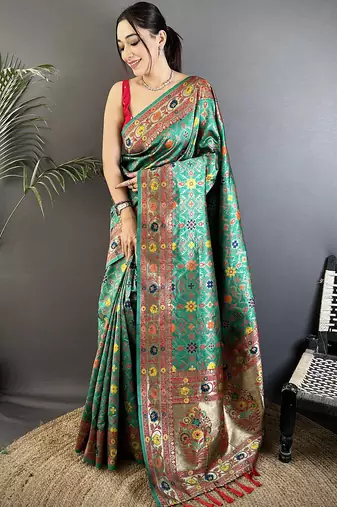 green soft silk blend banarasi zari woven saree