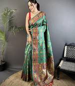 green soft silk blend banarasi zari woven saree