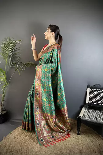 green soft silk blend banarasi zari woven saree