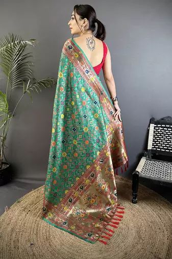 green soft silk blend banarasi zari woven saree