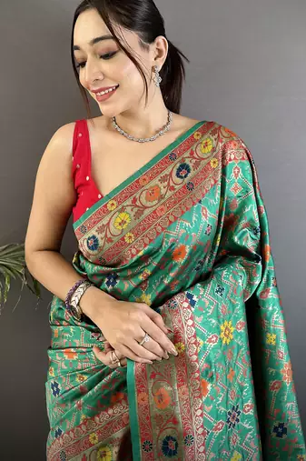green soft silk blend banarasi zari woven saree
