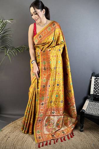 golden yellow soft silk blend banarasi zari woven saree