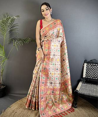 cream soft silk blend banarasi zari woven saree 1