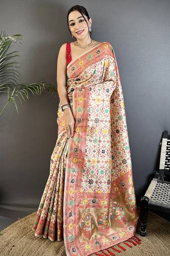 cream soft silk blend banarasi zari woven saree