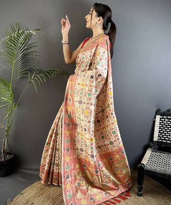 cream soft silk blend banarasi zari woven saree 2