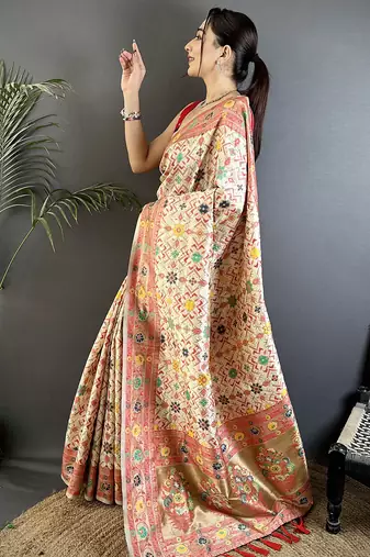 cream soft silk blend banarasi zari woven saree