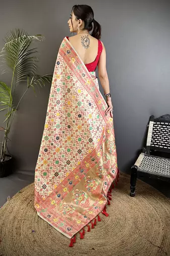 cream soft silk blend banarasi zari woven saree