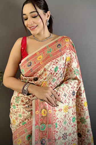 cream soft silk blend banarasi zari woven saree