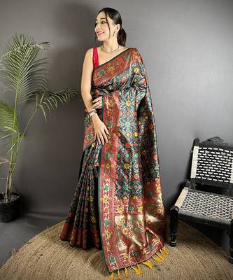 dark green soft silk blend banarasi zari woven saree 1