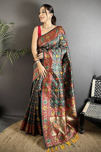 dark green soft silk blend banarasi zari woven saree