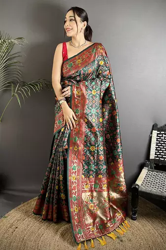 dark green soft silk blend banarasi zari woven saree
