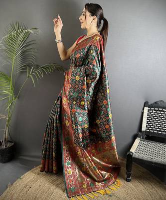 dark green soft silk blend banarasi zari woven saree 2