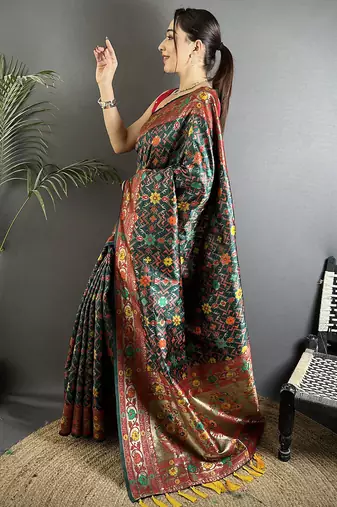 dark green soft silk blend banarasi zari woven saree
