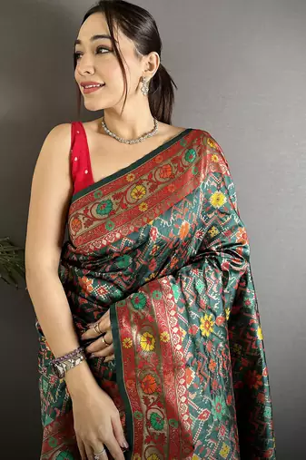 dark green soft silk blend banarasi zari woven saree