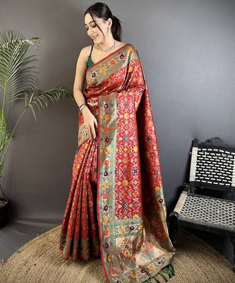 red soft silk blend banarasi zari woven saree 1