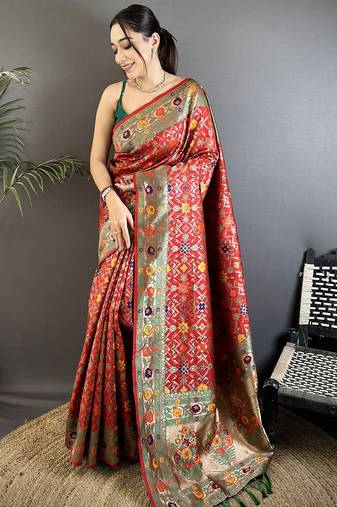 red soft silk blend banarasi zari woven saree
