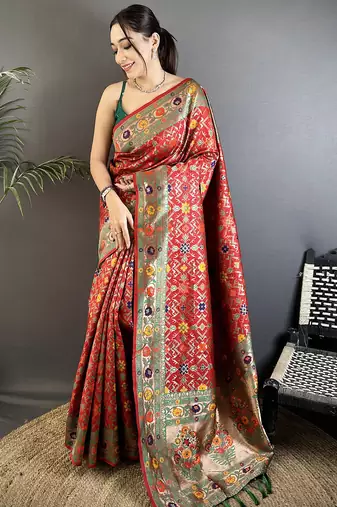 red soft silk blend banarasi zari woven saree
