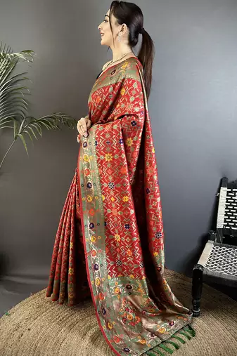 red soft silk blend banarasi zari woven saree