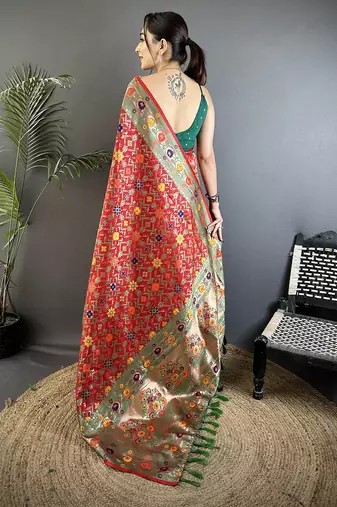 red soft silk blend banarasi zari woven saree