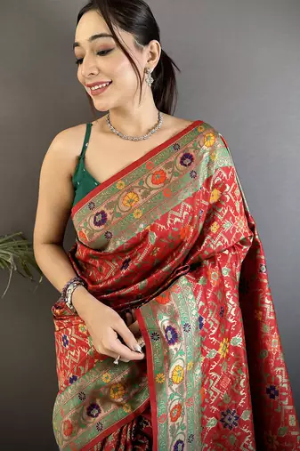 red soft silk blend banarasi zari woven saree