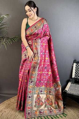 hot pink soft silk blend banarasi zari woven saree