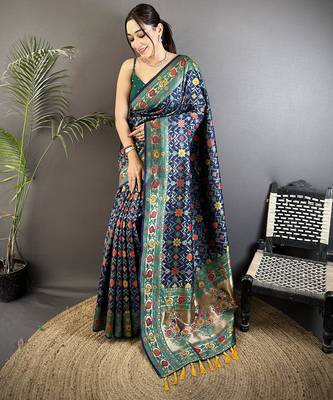navy blue soft silk blend banarasi zari woven saree 1
