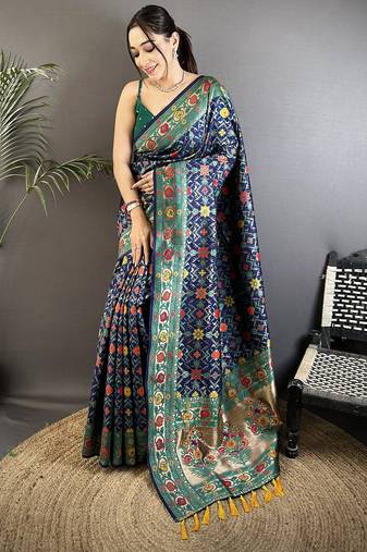 navy blue soft silk blend banarasi zari woven saree