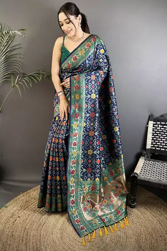 navy blue soft silk blend banarasi zari woven saree
