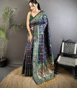 navy blue soft silk blend banarasi zari woven saree