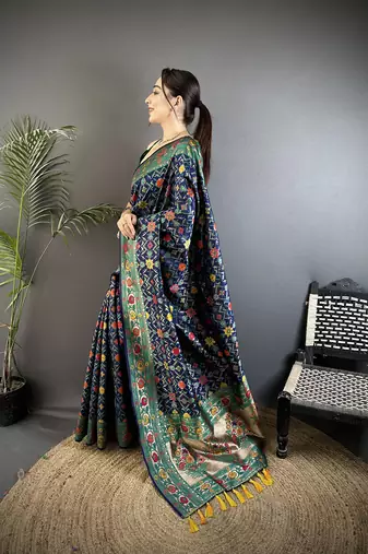 navy blue soft silk blend banarasi zari woven saree