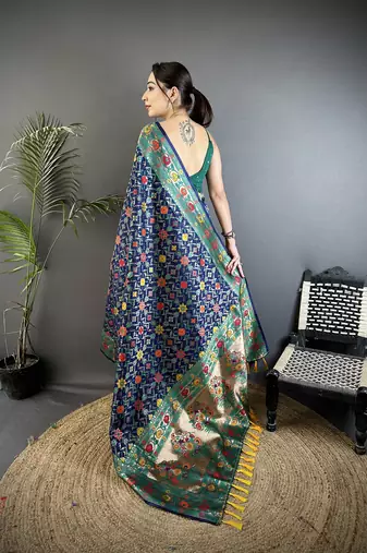 navy blue soft silk blend banarasi zari woven saree