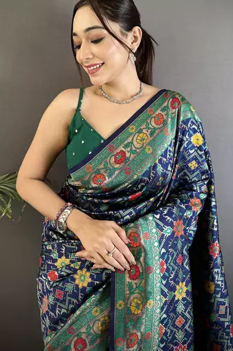 navy blue soft silk blend banarasi zari woven saree