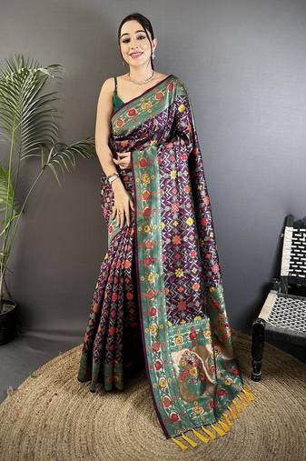 wine soft silk blend banarasi zari woven saree