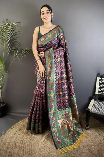 wine soft silk blend banarasi zari woven saree