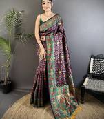 wine soft silk blend banarasi zari woven saree