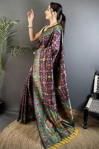 wine soft silk blend banarasi zari woven saree