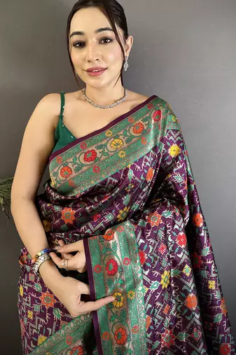 wine soft silk blend banarasi zari woven saree